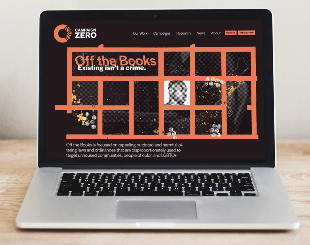 Laptop displaying Off the Books website homepage with heat map and street grid overlay design.