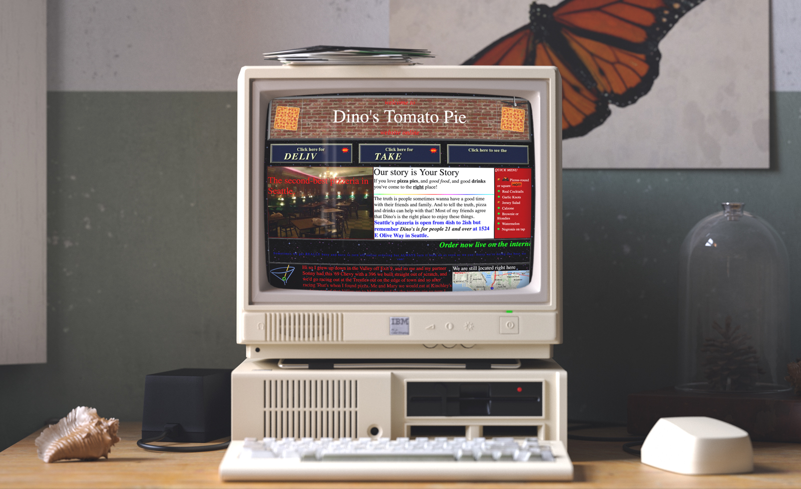 Photograph of an old IBM monitor displaying the Dino’s Tomato Pie website, designed in a nostalgic 1990s Geocities style with pixel fonts, table layouts, and playful copywriting.