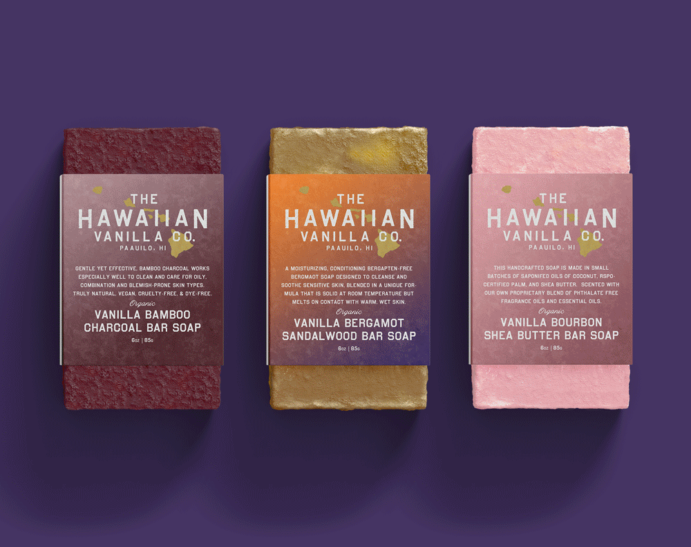 Animated gif showcasing Hawaiian Vanilla Co. packaging designs and custom typeface used across print and digital materials