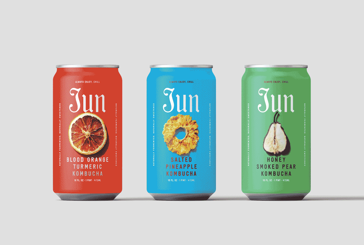 Animated GIF showing Jun Kombucha cans with ingredient photos and vibrant flavor-specific backgrounds.