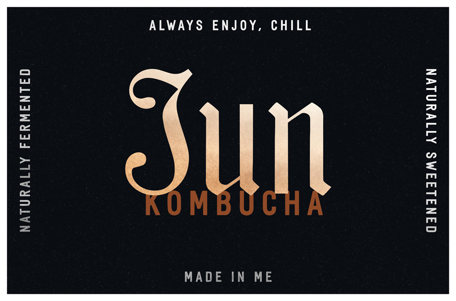 Logo lockup for Jun Kombucha with calligraphic logo and brand definition in approachable editorial typography.
