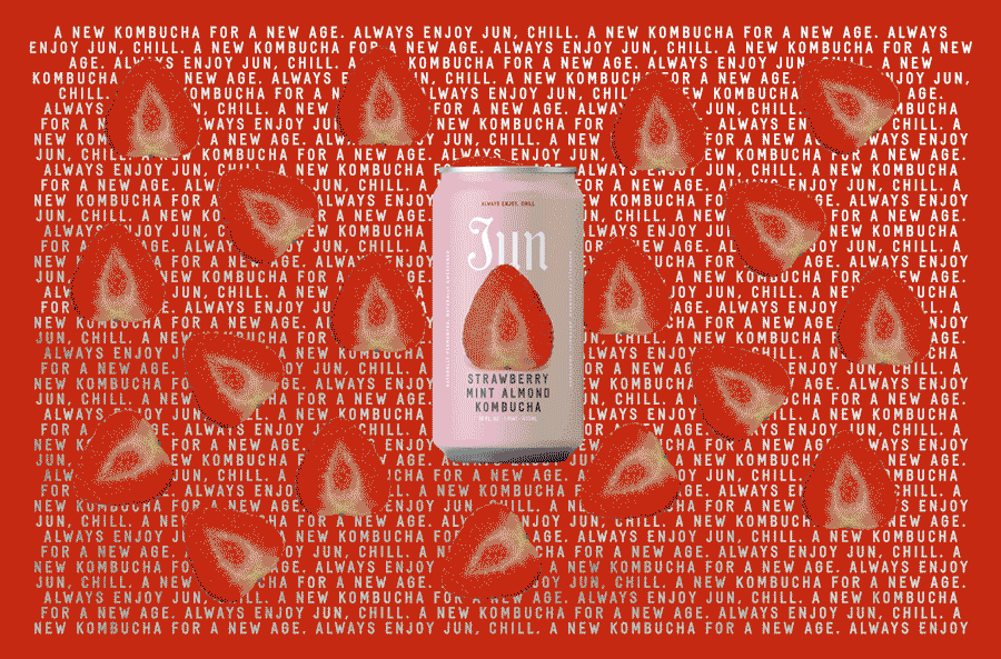 Animated GIF showing Jun Kombucha cans with ingredient photos and vibrant flavor-specific backgrounds.