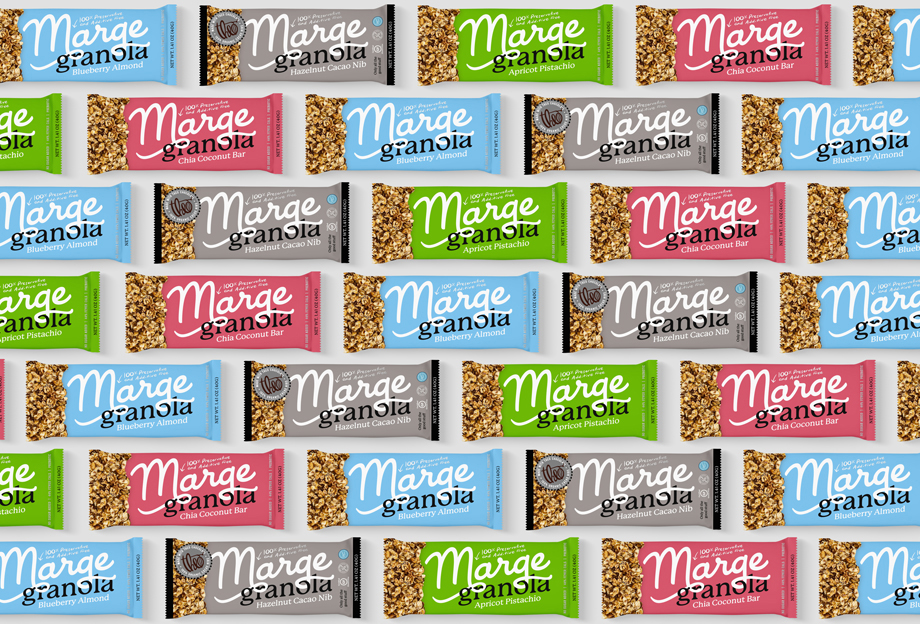 Colorful lineup of Marge Granola bar packaging, each with distinct, playful branding for different flavors.