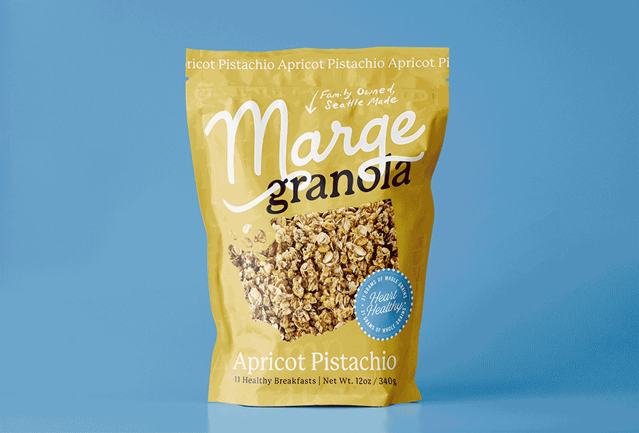 Animated gif of three bright, modern Marge Granola pouch designs for national retail shelf appeal.