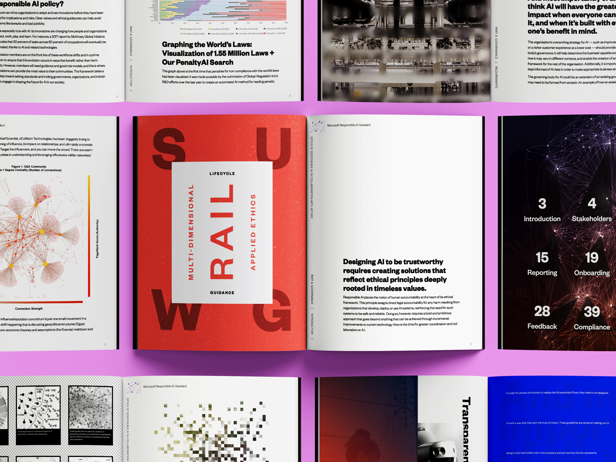 Pages from Microsoft’s Responsible AI Standard with editorial illustrations, structured typography, and diagrams.