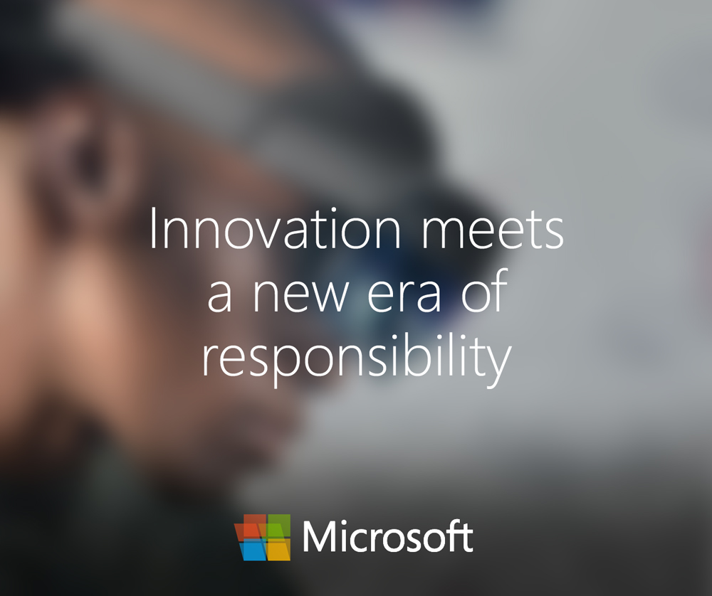 Microsoft AI campaign image with “Innovation Meets a New Era of Responsibility” in elegant, minimal layout.
