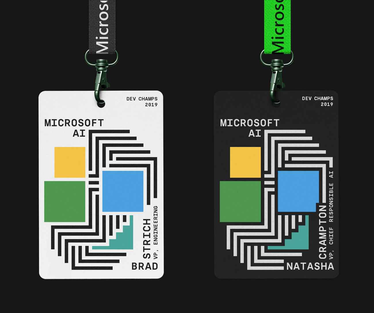 Two stylized Microsoft event lanyards symbolizing cascading sheets and Microsoft logomark for Responsible AI promotion.