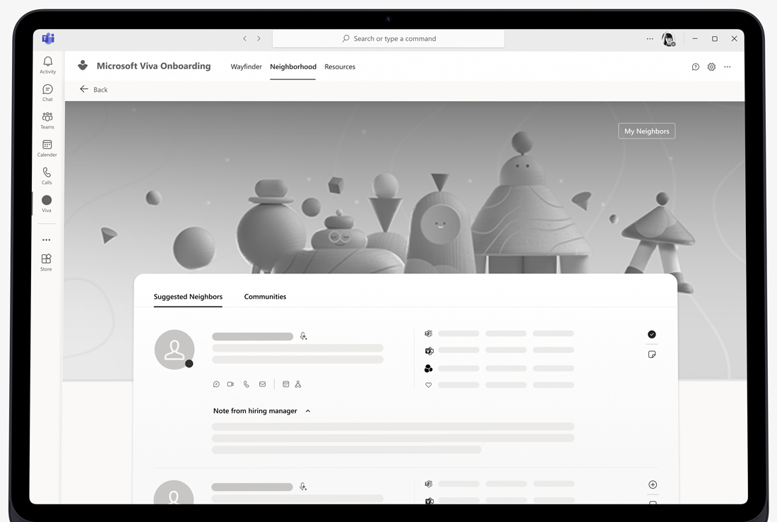 Wireframe for Microsoft Viva employee neighborhood view, designed to foster connection in hybrid work environments